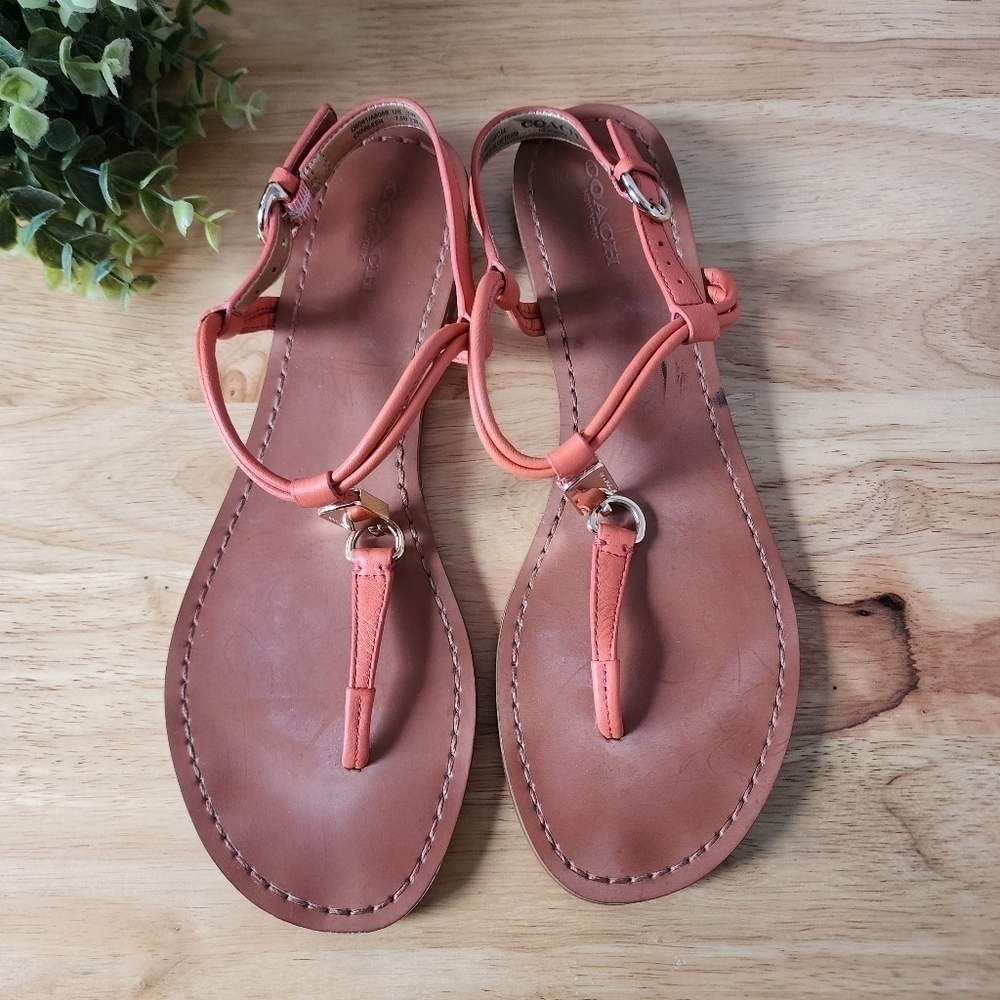 Coach Charleen Tstrap Orange Leather Slingback Flat Sandal Gold Accent Summer